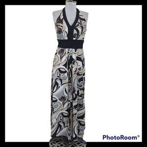 Touché - Geometric Cream/Black/Brown Halter Maxi Dress - Size Medium